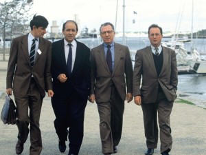 Conference Democratie 2000 a Lorient. 04.10.1992. Jean Pierre Jouyet, Jean Yves Le Drian, Jacques Delors, Francois Hollande.